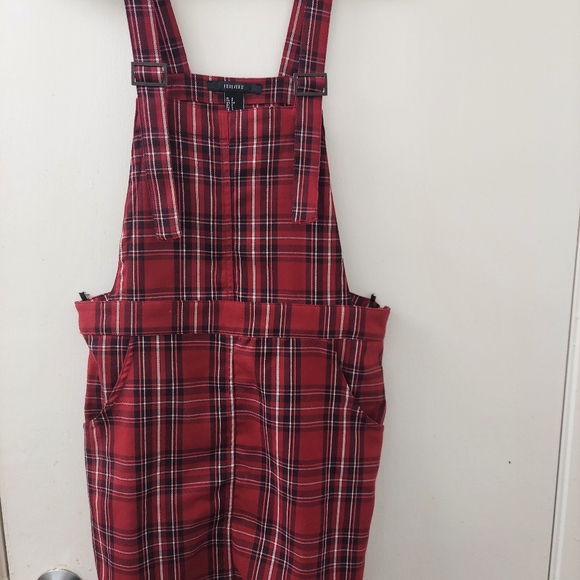 Forever 21 Red Plaid Coverall Mini Dress with Buckle Straps - Picture 1 of 5